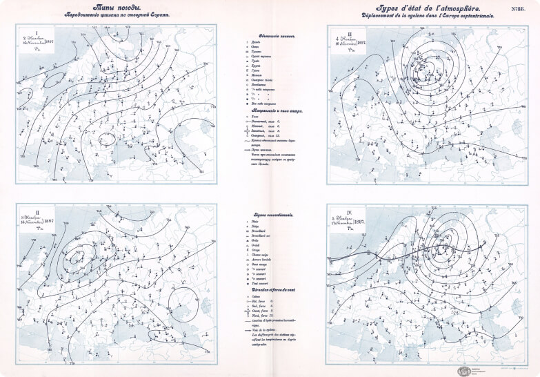 Карта «Типы погоды. Передвижение циклона по Северной Европе» из Климатологического атласа Российской империи